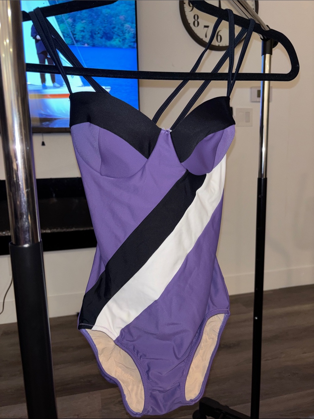 Purple One-Piece Swimsuit with Black & White Diagonal Stripe